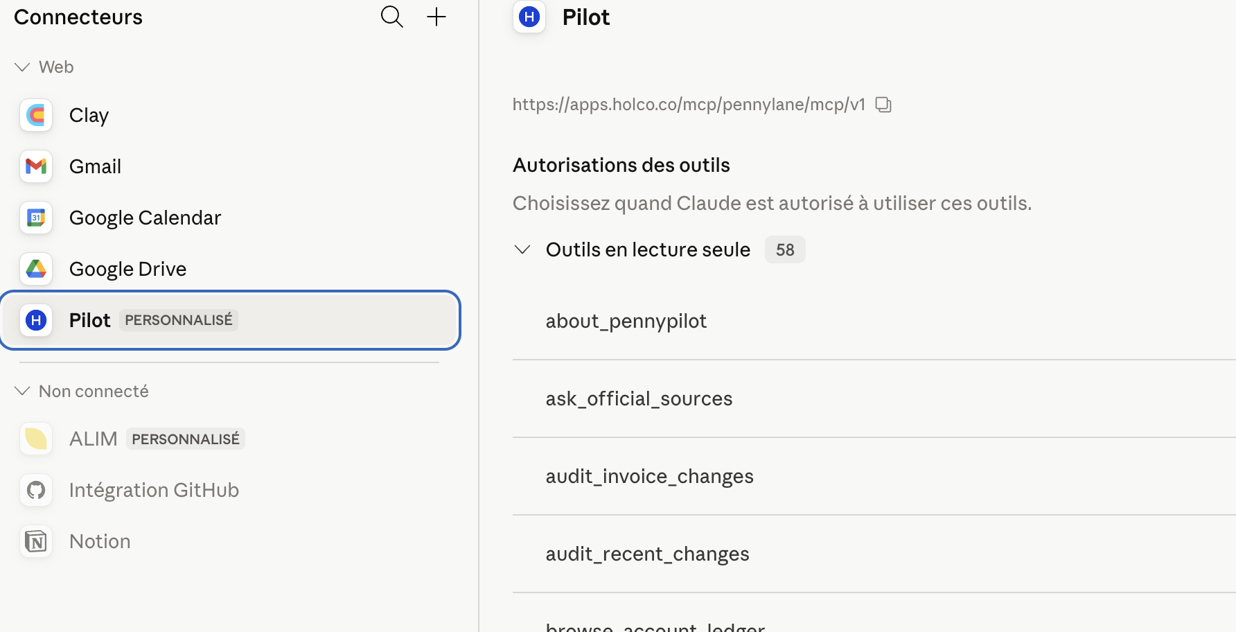 Connecteur Pilot connecté dans Claude : URL apps.holco.co et 58 outils Olko en lecture seule